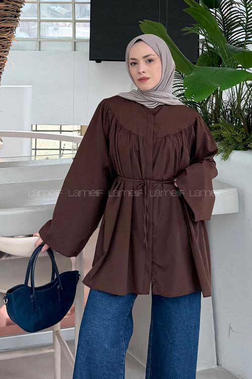 Lamelif Bağlama Detaylı Tesettür Gömlek Acı Kahve