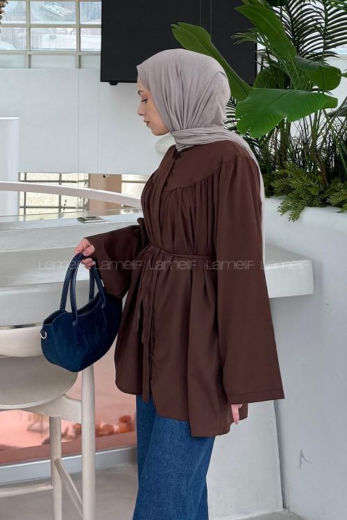 Lamelif Bağlama Detaylı Tesettür Gömlek Acı Kahve