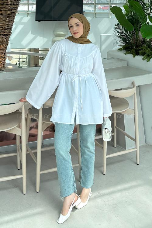 Lamelif Bağlama Detaylı Tesettür Gömlek Beyaz