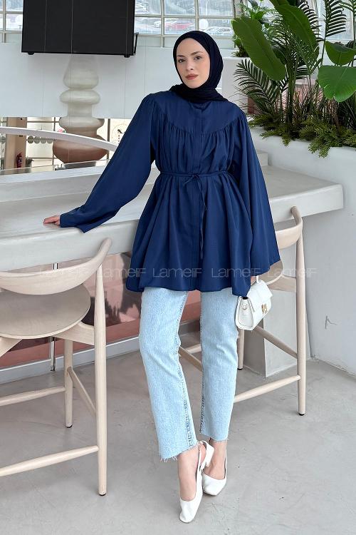 Lamelif Bağlama Detaylı Tesettür Gömlek Lacivert
