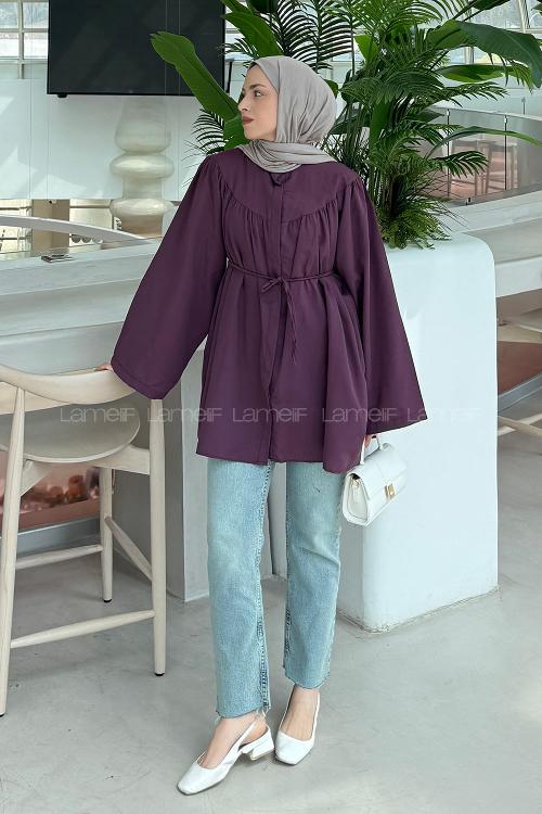 Lamelif Bağlama Detaylı Tesettür Gömlek Mürdüm
