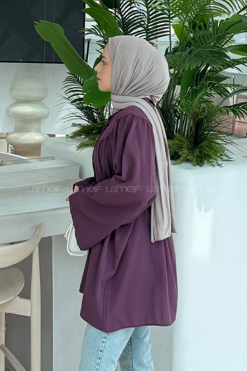 Lamelif Bağlama Detaylı Tesettür Gömlek Mürdüm