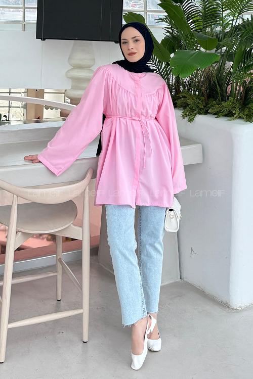 Lamelif Bağlama Detaylı Tesettür Gömlek Pembe