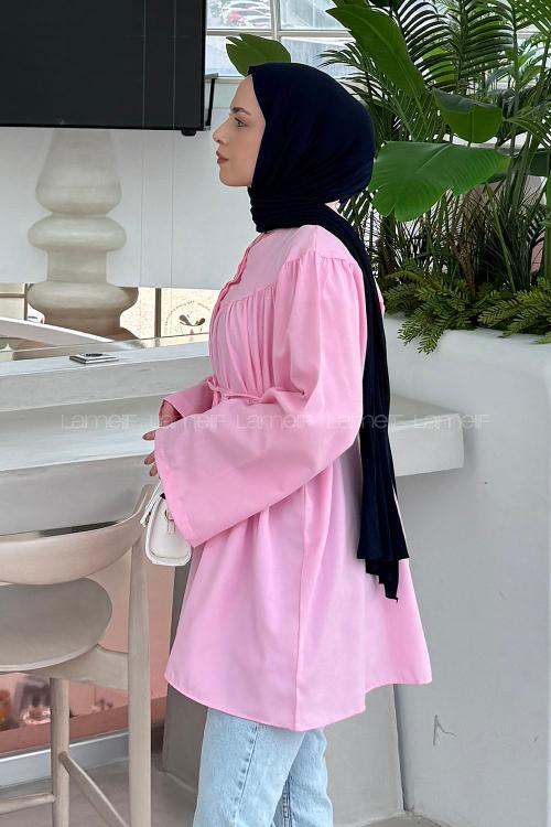 Lamelif Bağlama Detaylı Tesettür Gömlek Pembe