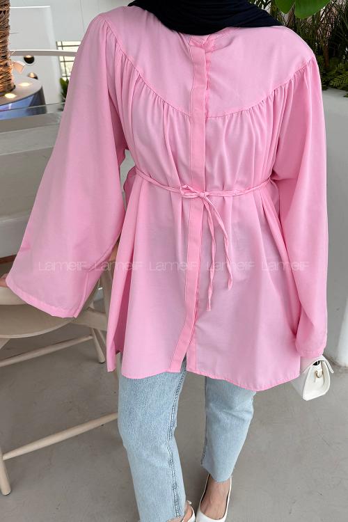 Lamelif Bağlama Detaylı Tesettür Gömlek Pembe