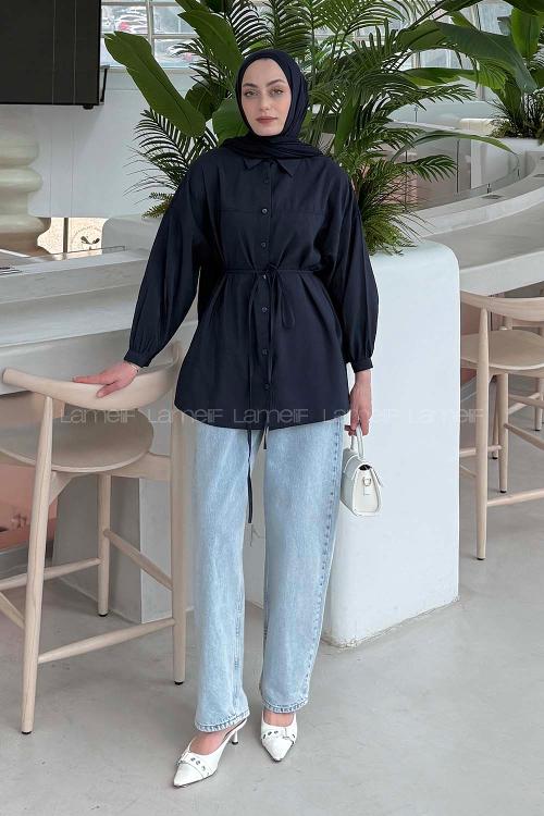 Navy Blue Shirt Collar Long Arm Cotton Unprinted Shirt