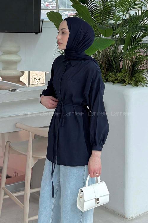 Navy Blue Shirt Collar Long Arm Cotton Unprinted Shirt