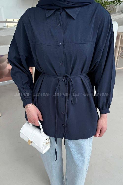 Navy Blue Shirt Collar Long Arm Cotton Unprinted Shirt