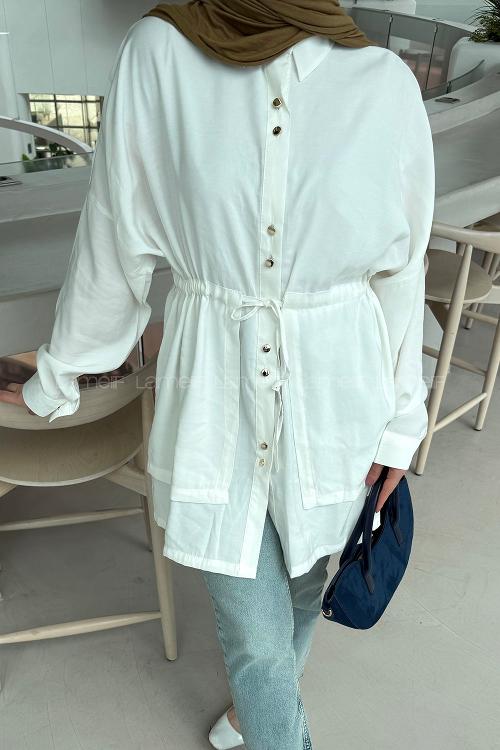 Lamelif Beli Büzgülü Düğme Detaylı Gömlek Beyaz