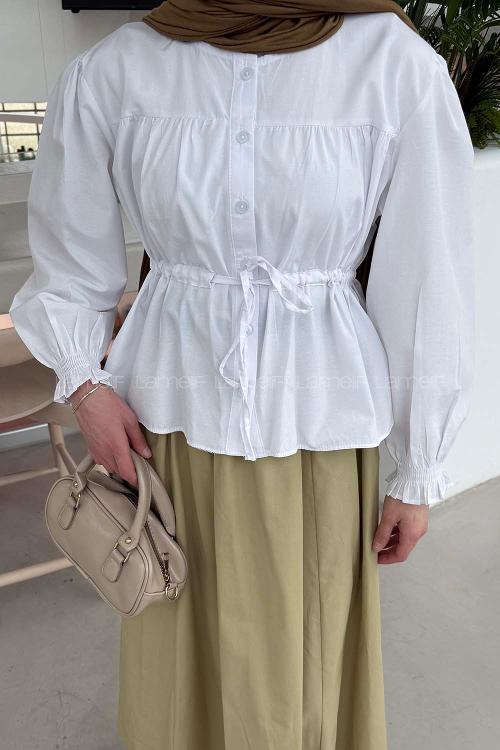 Lamelif Büzgü Detaylı Bağlamalı Gömlek Beyaz