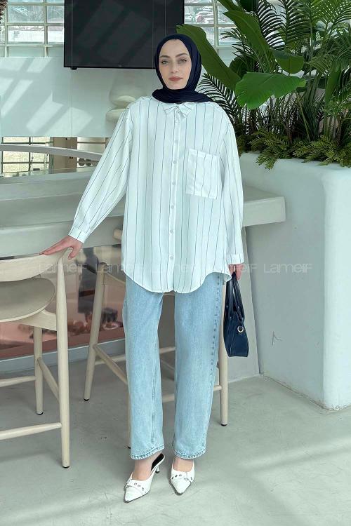 Lamelif Cep Detaylı Çizgili Gömlek İndigo