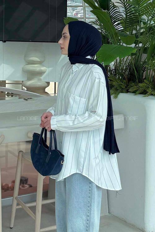 Lamelif Cep Detaylı Çizgili Gömlek İndigo