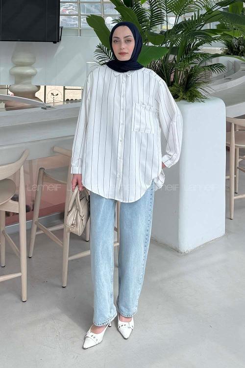 Lamelif Cep Detaylı Çizgili Gömlek Soft Kahve