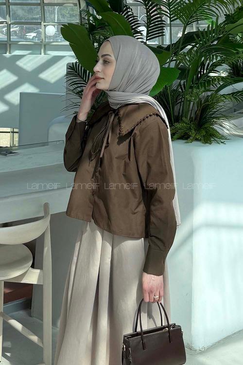 Bitter Brown Peter Pan Collar Long Arm Viscose Fabric Unprinted Shirt