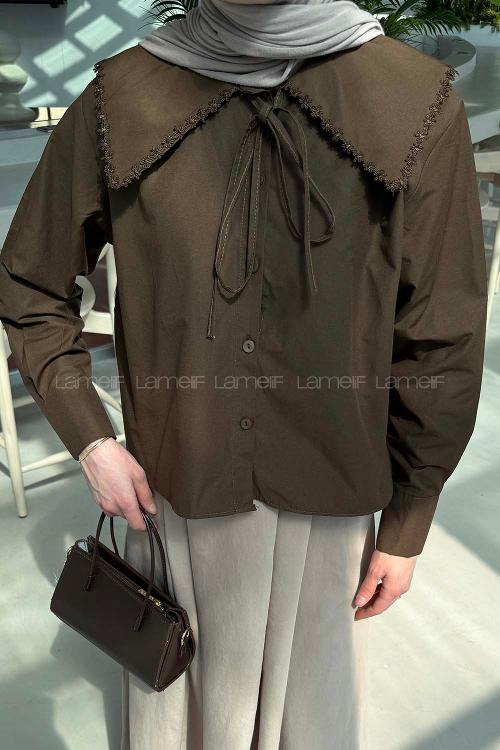 Bitter Brown Peter Pan Collar Long Arm Viscose Fabric Unprinted Shirt