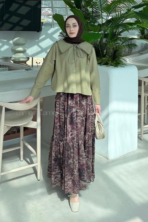 Army Green Peter Pan Collar Long Arm Viscose Fabric Unprinted Shirt