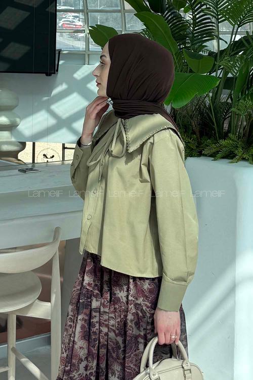 Army Green Peter Pan Collar Long Arm Viscose Fabric Unprinted Shirt