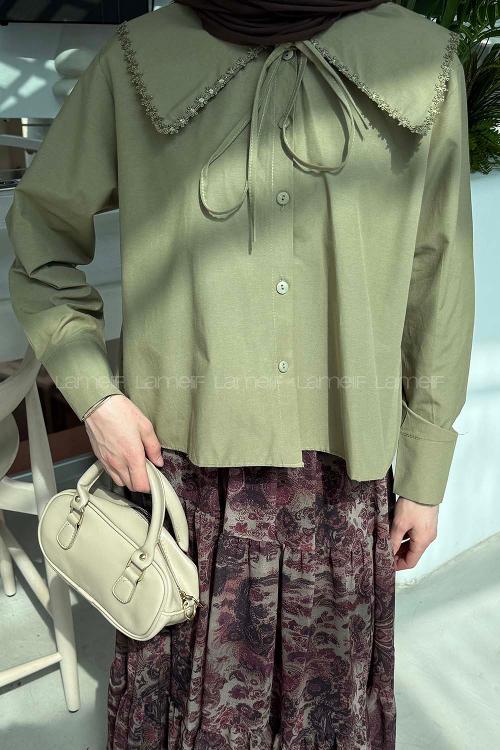 Army Green Peter Pan Collar Long Arm Viscose Fabric Unprinted Shirt