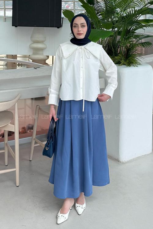 White Peter Pan Collar Long Arm Viscose Fabric Unprinted Shirt