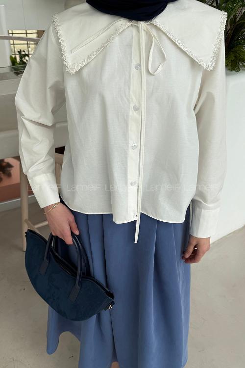 White Peter Pan Collar Long Arm Viscose Fabric Unprinted Shirt