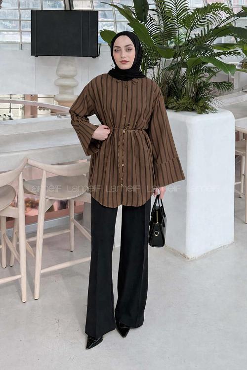 Lamelif Çizgili Bağlamalı Gömlek Acı Kahve