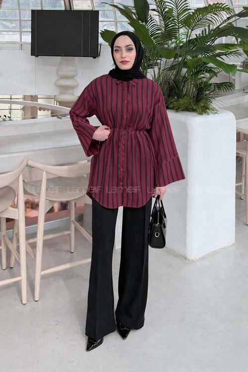 Lamelif Çizgili Bağlamalı Gömlek Bordo