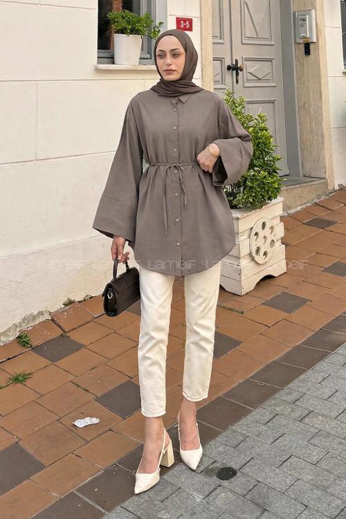 Lamelif Cupra Belden İpli Tesettür Gömlek Soft Kahve