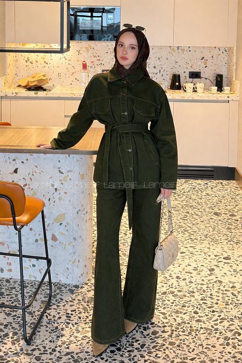 Lamelif Denim Ceket-Pantolon İkili Takım Haki