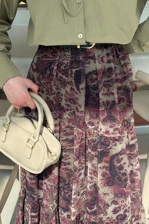 Lamelif Etnik Desen Pileli Etek Haki