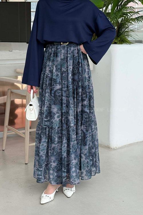 Lamelif Etnik Desen Pileli Etek İndigo