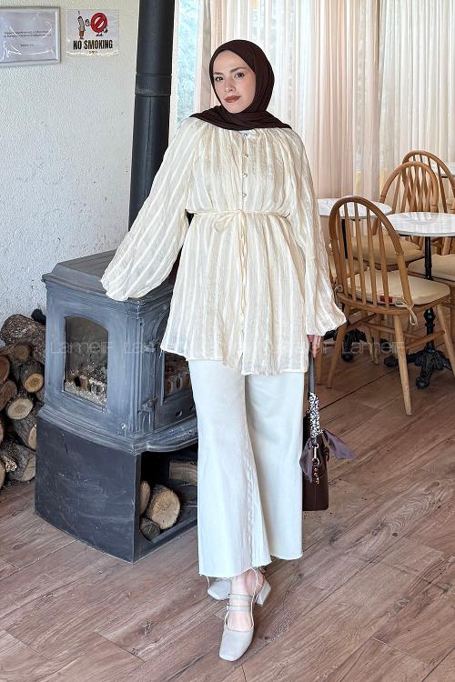 Lamelif Fırfır Yaka Krinkle Tunik Bej