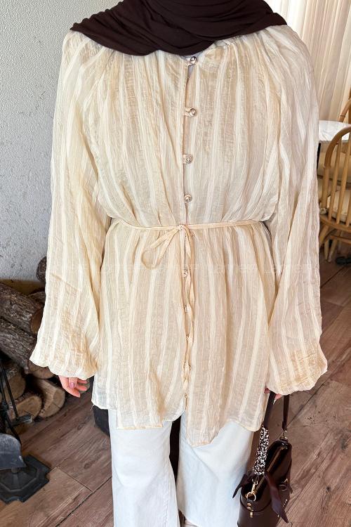 Lamelif Fırfır Yaka Krinkle Tunik Bej