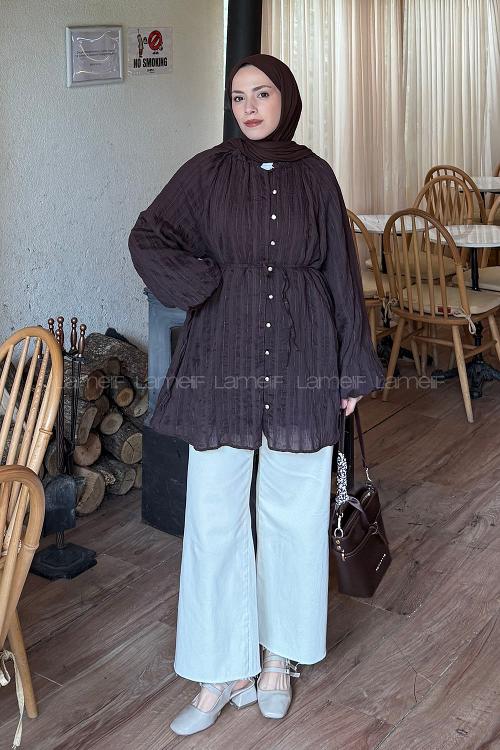Lamelif Fırfır Yaka Krinkle Tunik Koyu Kahverengi
