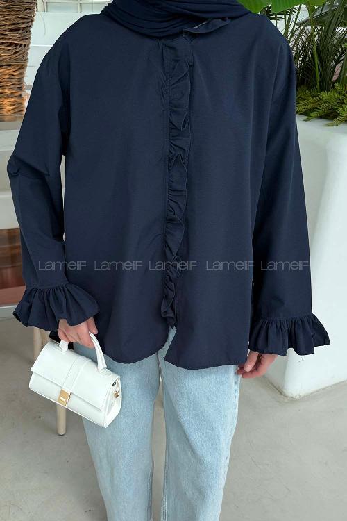 Lamelif Fırfırlı Gömlek Lacivert