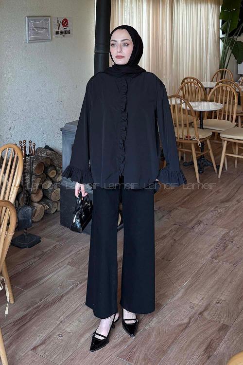 Black Mandarin Collar Long Arm Poplin Fabric Unprinted Shirt