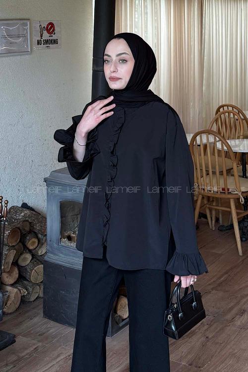 Black Mandarin Collar Long Arm Poplin Fabric Unprinted Shirt