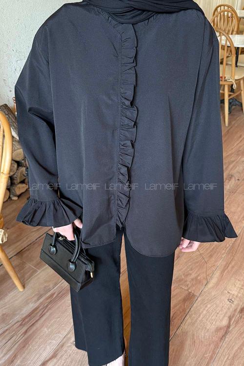 Black Mandarin Collar Long Arm Poplin Fabric Unprinted Shirt