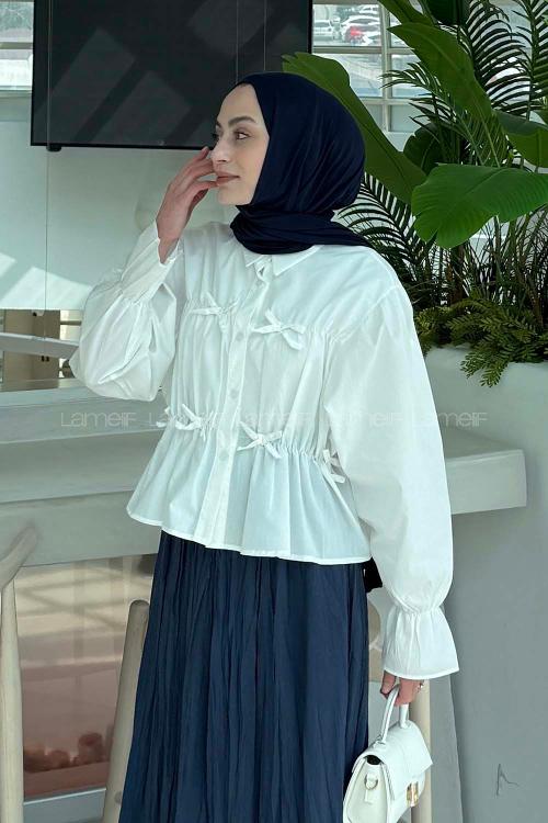 Lamelif Fiyonk Detaylı Büzgülü Gömlek Beyaz