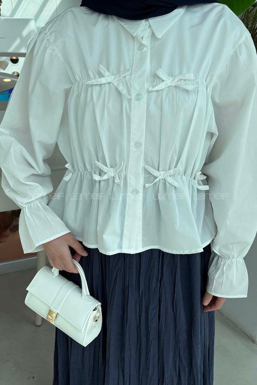 Lamelif Fiyonk Detaylı Büzgülü Gömlek Beyaz