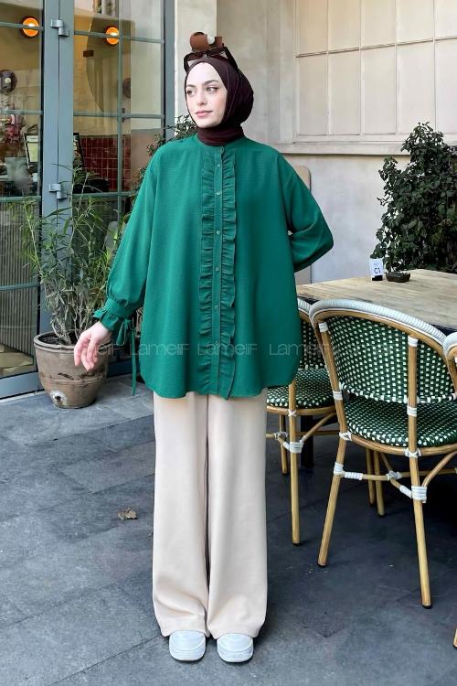 Lamelif Flores Fırfırlı Tunik Zümrüt