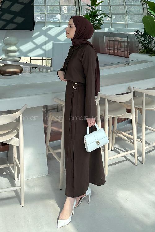 Lamelif Gold Toka Detaylı Etekli Takım Kahverengi