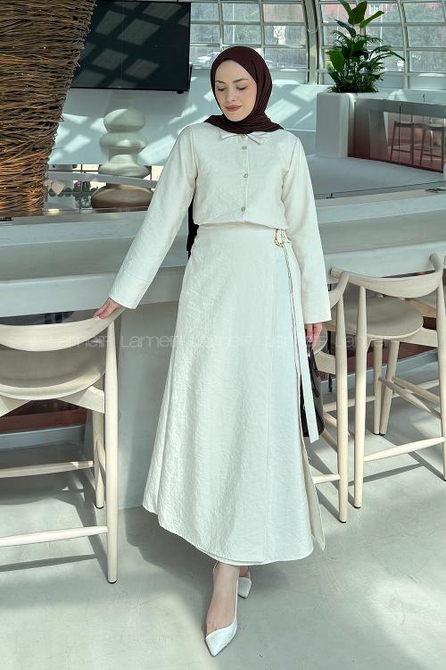 Lamelif Gold Toka Detaylı Etekli Takım Krem