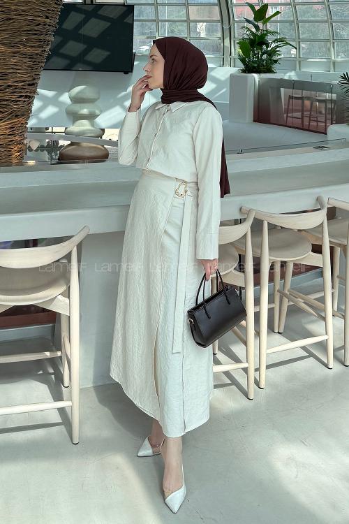 Lamelif Gold Toka Detaylı Etekli Takım Krem