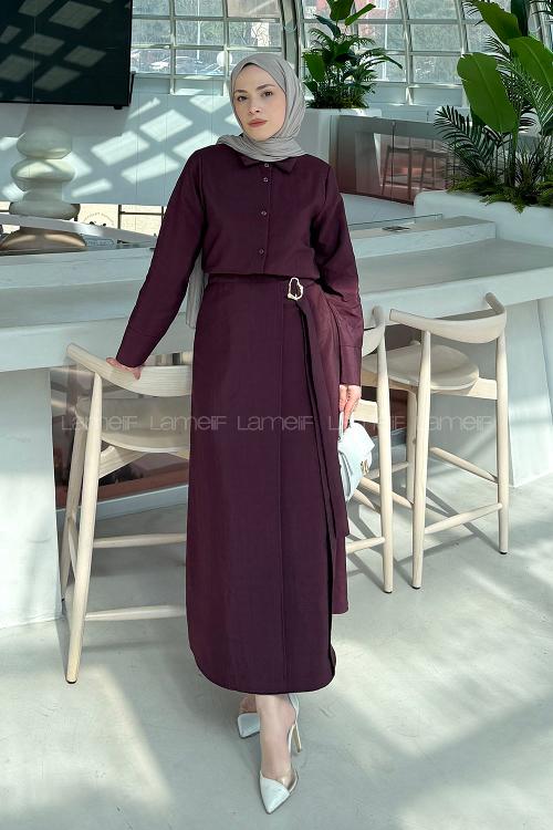 Lamelif Gold Toka Detaylı Etekli Takım Mürdüm