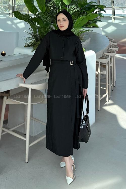 Lamelif Gold Toka Detaylı Etekli Takım Siyah