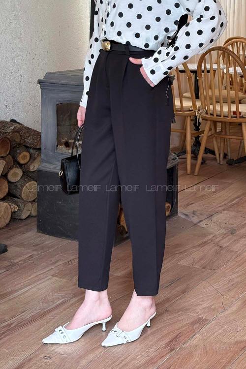 Black Combed Fabric Normal Waist Material Pants