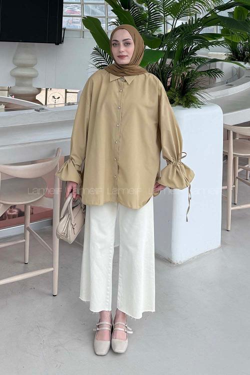 Lamelif Kol Tünel İp Detaylı Gömlek Bej