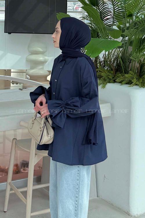 Lamelif Kol Tünel İp Detaylı Gömlek Lacivert