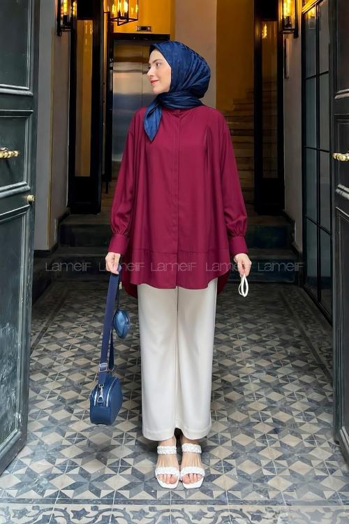 Lamelif Manşeti Biyeli Tunik Bordo