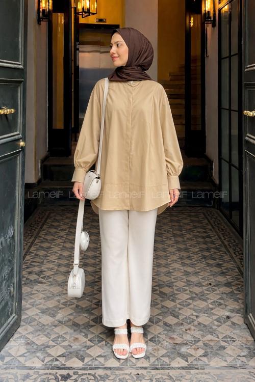 Lamelif Manşeti Biyeli Tunik Krem